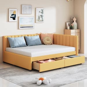 Yellow Full Size Upholstered Wood Daybed with Storage Drawers, No Box Spring Needed