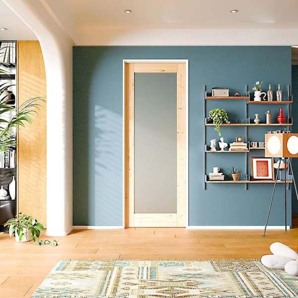 30 in. x 80 in. Right-Handed 1-Lite Frosted Glass Solid Core Pine Color MDF Wood Prehung Interior Door Jamb Hardware