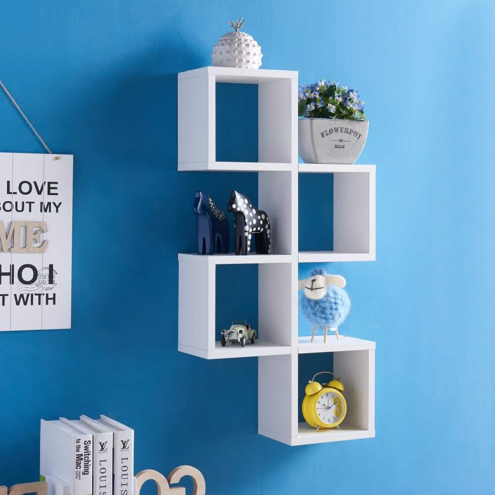 Minimalist White Wood Floating Cube Wall Shelf - Versatile Display