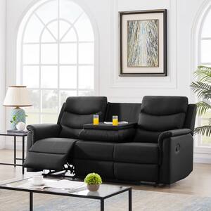 77.5 in. W Round Arm Faux Leather 3-Seater Straight Motion Sofa in Black