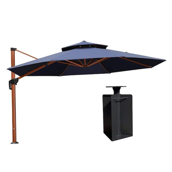 PURPLE LEAF 13 ft. Octagon High-Quality Wood Pattern Aluminum Cantilever Polyester Patio Umbrella with Base in Ground, Navy Blue