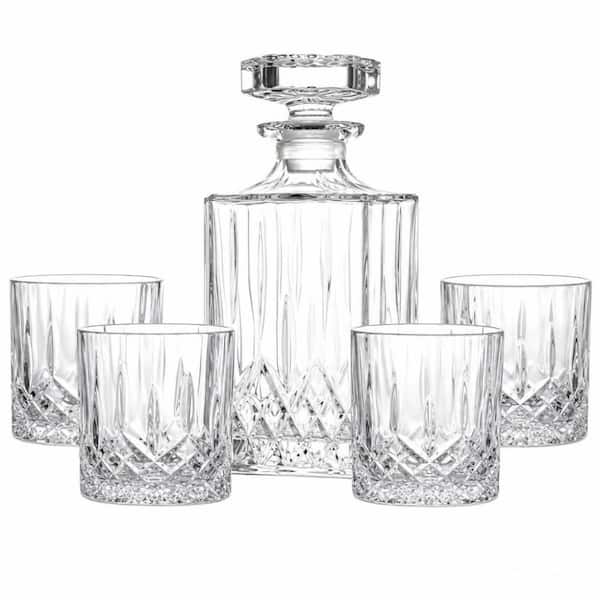 Italian Crafted 30 oz. Non-Leaded Crystal Whiskey Decanter Set with 4 11 oz. Diamond Wedge Cut Glasses, Crystal Stopper