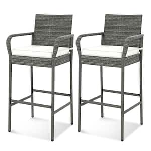 Metal Plastic Wicker Outdoor Bar Stool with Off White Cushion (2-Pack)