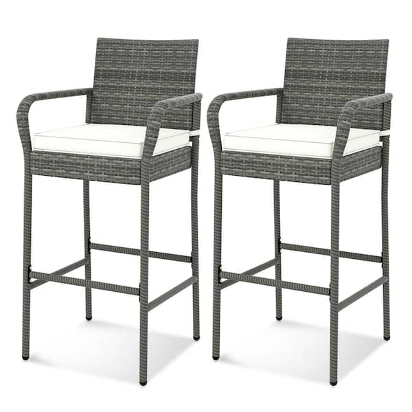 Costway Metal Plastic Wicker Outdoor Bar Stool with Off White Cushion (2-Pack)