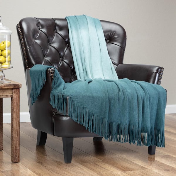 CHANASYA Gradient Deepteal Ombre Acrylic Throw Blanket with Tassels, 50 x 65 in.