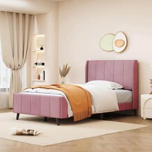 Channel-Tufted Pink Wood Frame Twin Size Velvet Upholstered Platform Bed with Additional Bed and Slats Support Legs