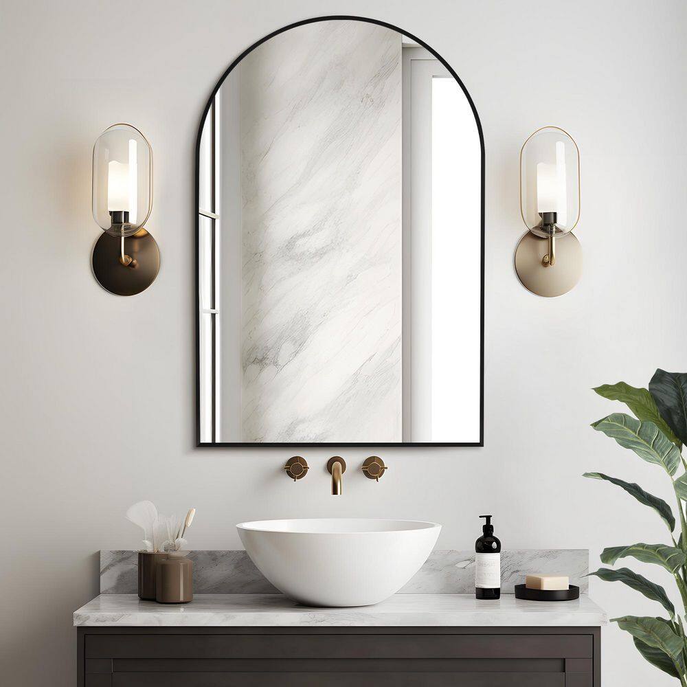 Morden Black 24 in. W x 36 in. H Arched Metal Framed Mirror Bathroom Vanity
