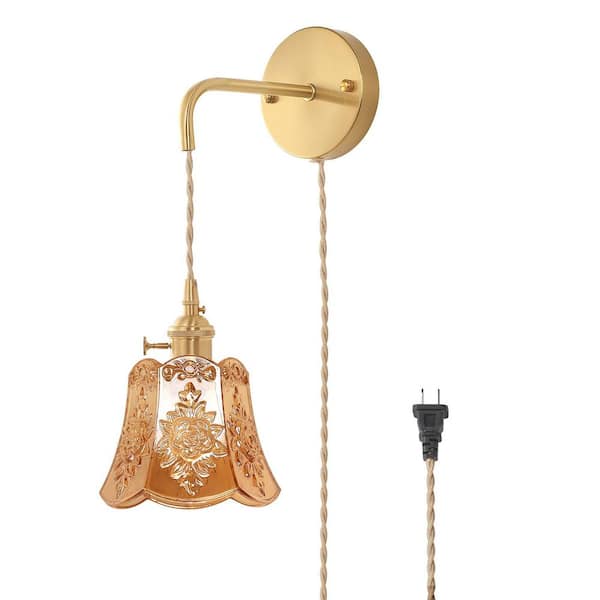 Ahfiwaso Retro 4.72 in. 1-Light Gold Plug-in Vintage Smart Home Wall Sconce with Rose Amber Glass Shade