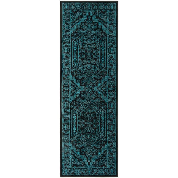 SAFAVIEH Adirondack Black/Teal 3 ft. x 10 ft. Border Medallion Runner Rug