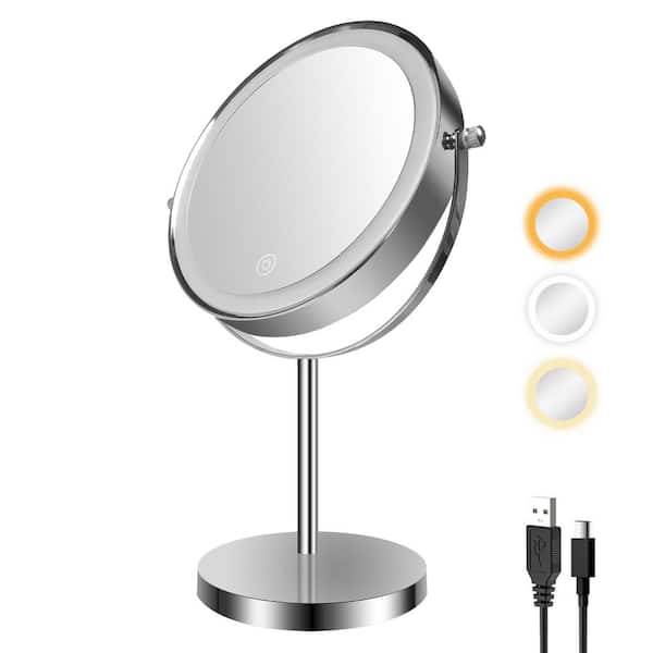 Tileon 8 x 5.5 x 13.5 in. Desktop Round Mirror, 3-Color Lighted 1 x 10 x Bathroom Makeup Mirror Touch Control and 360° Rotation