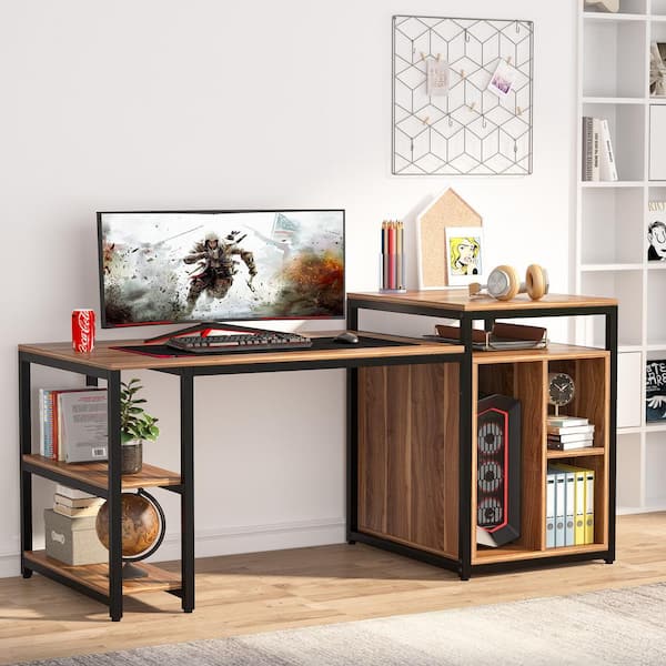 HYPIGO Computer Desk with Storage Shelves, 63.8 inch Home Office Desk with  Monitor Stand and CPU Shelf, Modern Writing Desk Table with Bookshelf