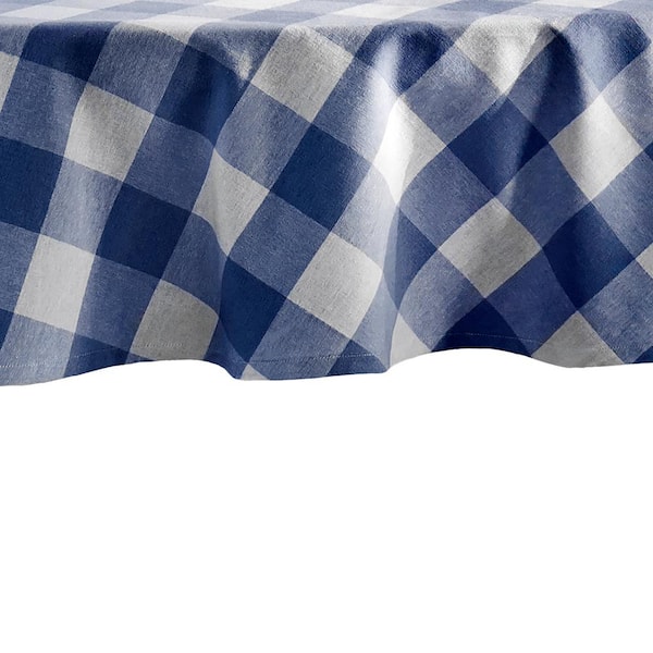 Elrene Farmhouse Living 70 in. x 70 in. Round Blue/White Buffalo Check Tablecloth