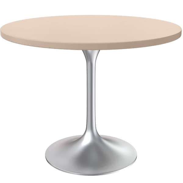 Leisuremod Verve Mid-Century Modern 36 in. Round Dining Table with MDF Top and Brushed Chrome Pedestal Base, Light Natural Wood