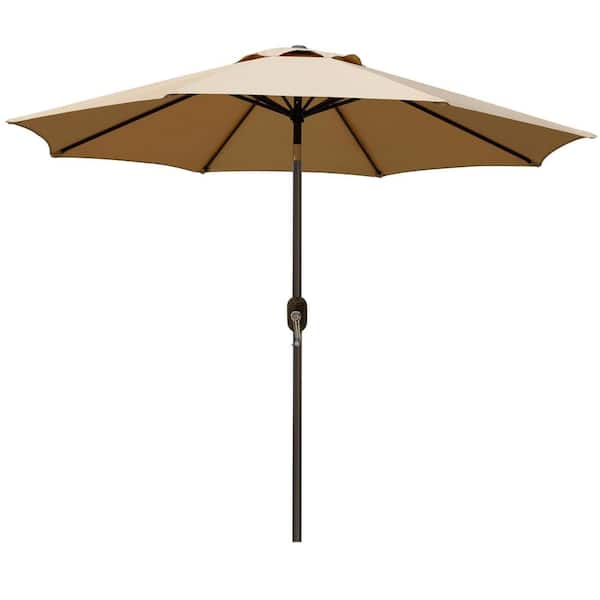 9 ft. Iron Cantilever Market Patio Umbrella, Outdoor Table Umbrella with 8 Sturdy Ribs, Push Button Tilt, Crank in Tan