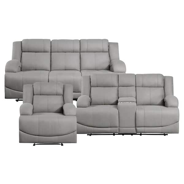 Lazzara Darcel 81.5 in. W Straight Arm Microfiber Rectangle Manual Reclining Sofa Set in Gray, 3-Piece