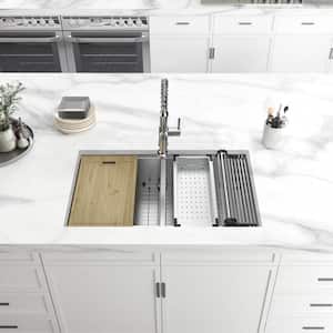 Professional Zero Radius 36 in Undermount Double Bowl 16 Gauge Stainless Steel Workstation Kitchen Sink with Accessories