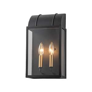 14.96 in. 2-Light Matte Black Rectangle Outdoor Hardwired Wall Lantern Sconce with Glass Shade