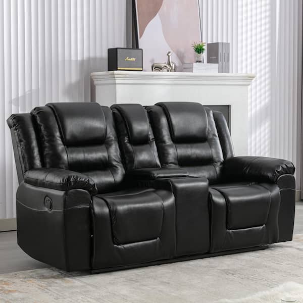 Nestfair Black 2-Seater PU Manual Recliner Chair with 2 Cup Holders and Storage Box