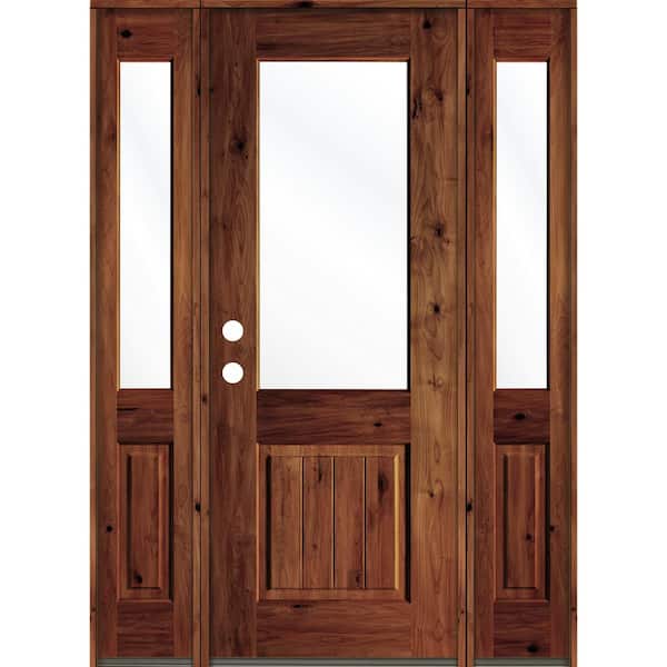 Krosswood Doors 64 in. x 96 in. Rustic Alder Wood Clear Half-Lite Red Chestnut Stain w.VG Right Hand Single Prehung Front Door/Sidelites