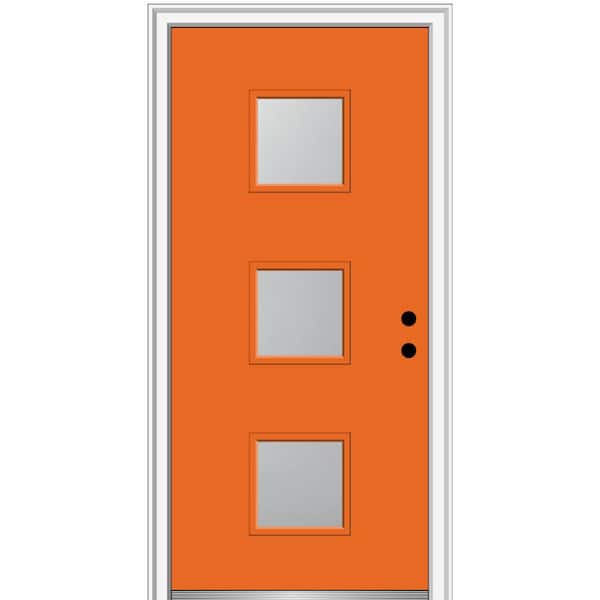 MMI DOOR 32 in. x 80 in. Aveline Left-Hand Inswing 3-Lite Frosted Painted Fiberglass Smooth Prehung Front Door 4-9/16 in. Frame