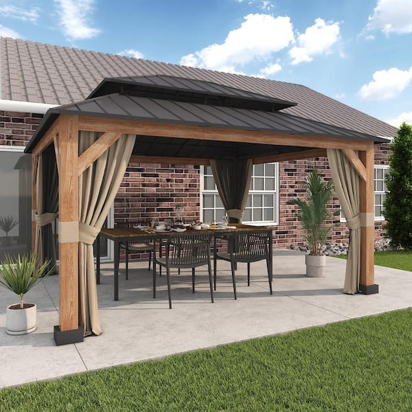 13 ft. x 15 ft. Wood Grain Aluminum Gazebo with Double Roof, Mosquito Netting, Curtains, and Ceiling Hook