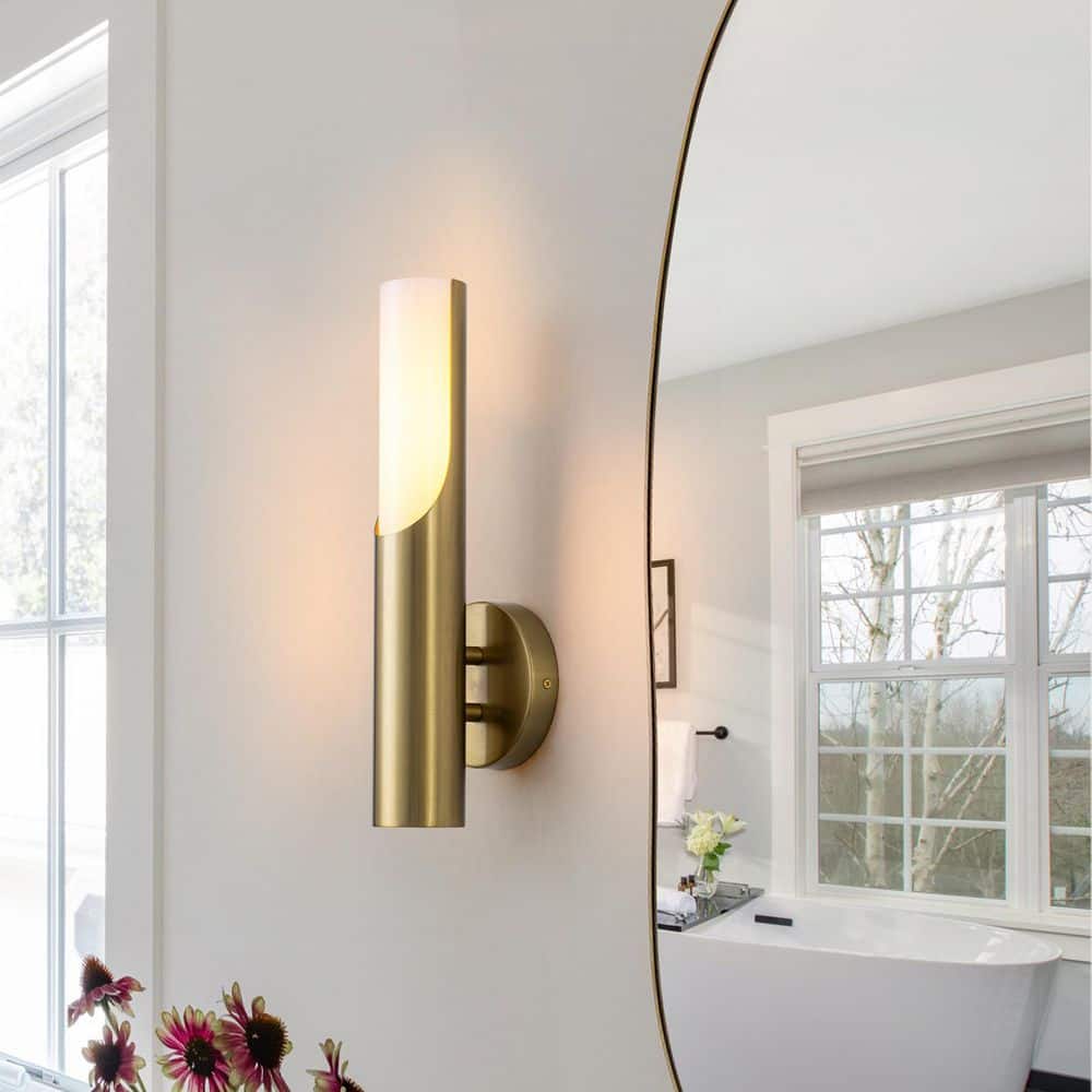 14.96 in. H 1-Light Cylinder Brass Bathroom Vanity Light with Glass Shade price history on PriceWatchPro