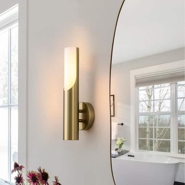 14.96 in. H 1-Light Cylinder Brass Bathroom Vanity Light with Glass Shade
