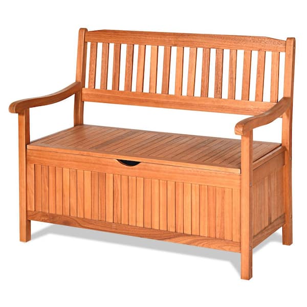 HONEY JOY 33 Gal. Brown Wood Outdoor Storage Bench Deck Box Patio Storage Loveseat with Removable Liner