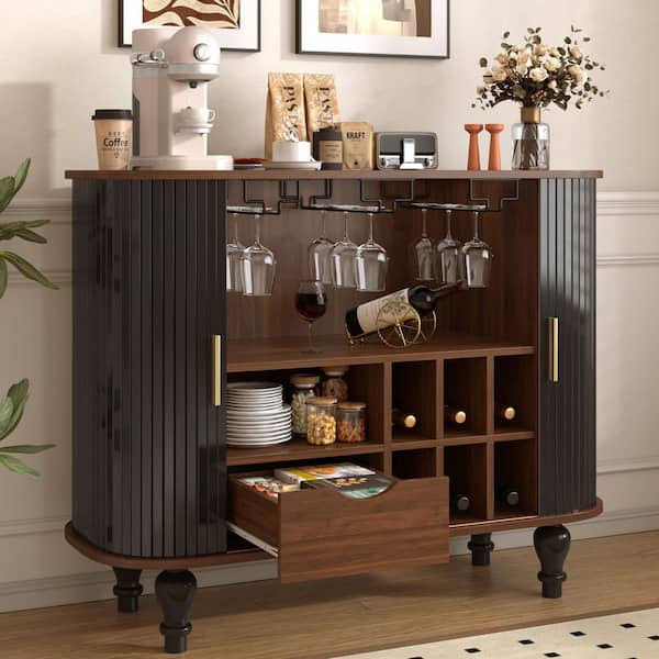Black 39.37 in. W Wine Cabinet Mid-Century Modern Bar Cabinet 6 Wine Racks and 3 Glass Holders