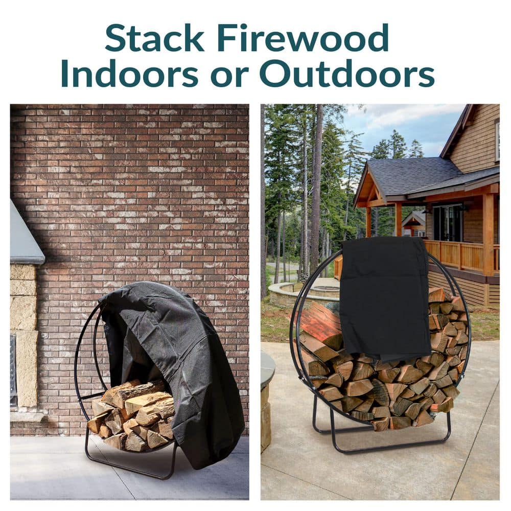 40" Black Steel Firewood Log Hoop Rack with PVC Cover