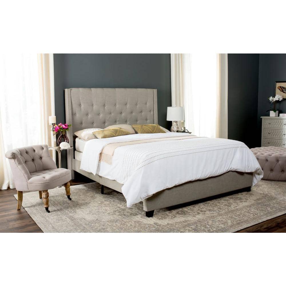 Transitional Beige Linen Full-Size Platform Bed with Nailhead Trim
