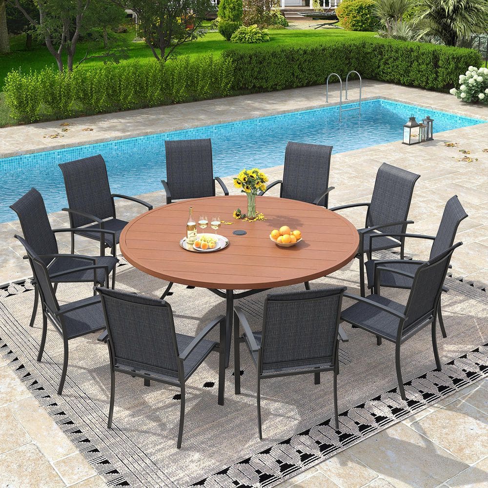 11-Piece Metal Outdoor Dining Set with 60 in. Walnut Round Dining Table and 10 Black Stackable Textilene Patio Chairs price history on PriceWatchPro