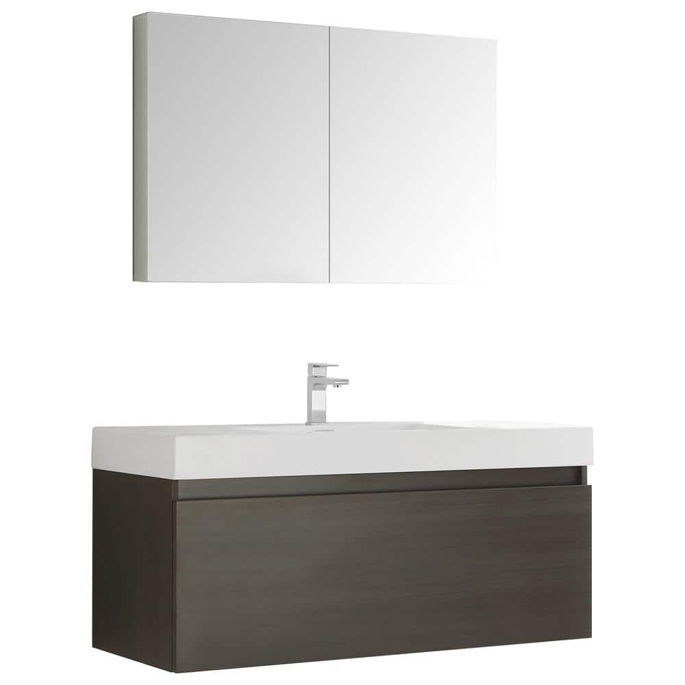 Gray Oak Wall Hung Vanity with Integrated Sink and Medicine Cabinet