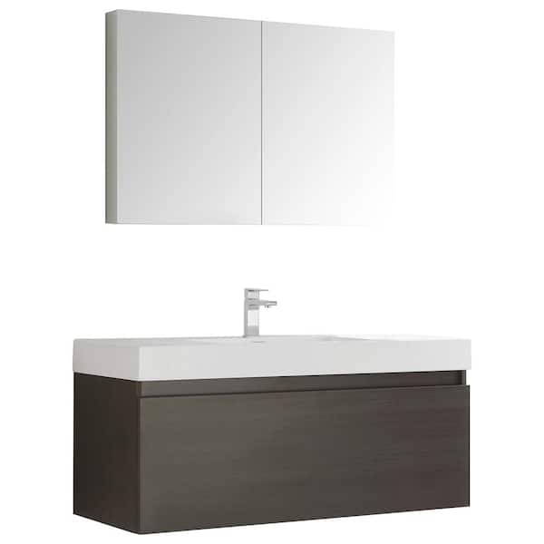 Fresca Mezzo 48 in. Vanity in Gray Oak with Acrylic Vanity Top in White with White Basin and Mirrored Medicine Cabinet