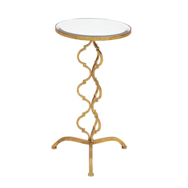 Litton Lane 16 in. Gold Quatrefoil Design Extra Large Round Mirrored End Accent Table with Mirrored Glass Top