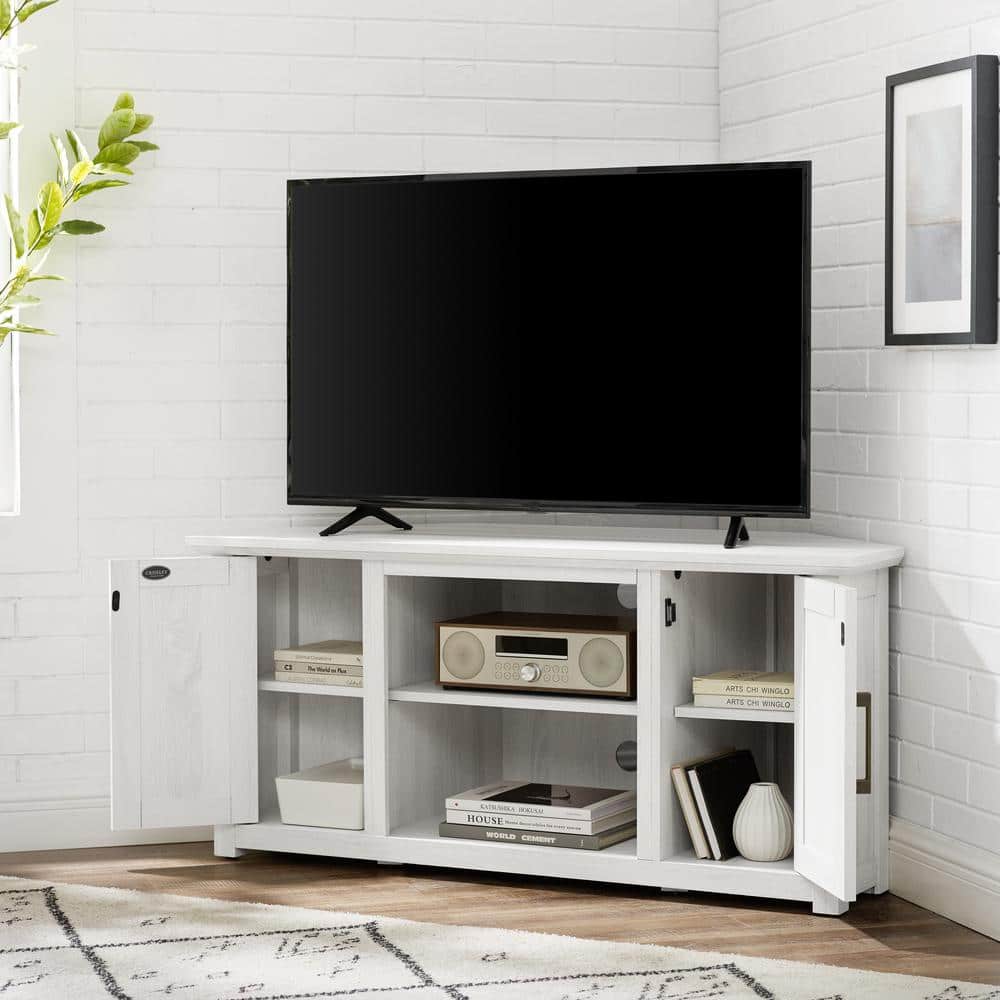 Whitewash Corner TV Stand with Cabinets and Open Storage