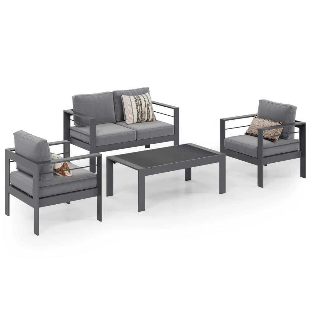 SUNVIVI Grey 4-Piece Aluminum Patio Conversation Set with Dark Grey Cushions KX-AL02-124 - The Home Depot