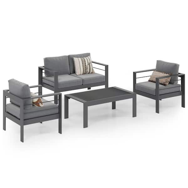 Grey 4-Piece Aluminum Patio Conversation Set with Dark Grey Cushions