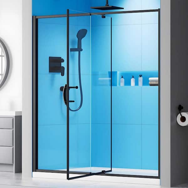 56-60 in. W x 71 in. H Pivot Semi-Frameless Shower Door in Matte Black with Clear SGCC Tempered Glass