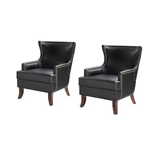 Benito Black Mid-Century Modern Vegan Leather Accent Arm Chair (Set of 2) with Tapered Wood Legs