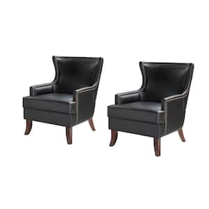 Benito 30 in. Mid-Century Modern Black Leather Arm Chair with Tapered Wooden Legs (Set of 2)