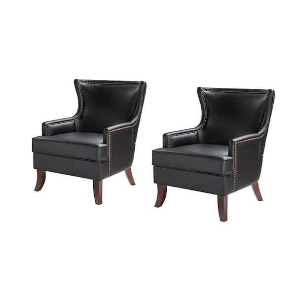 JAYDEN CREATION Benito 30 in. Mid-Century Modern Black Leather Arm Chair with Tapered Wooden Legs (Set of 2)