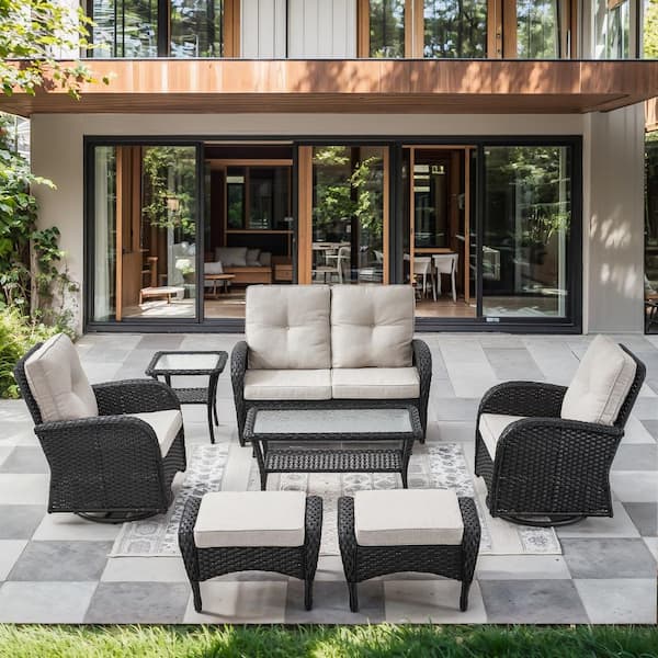 Black 7-Piece Wicker Patio Conversation Set with Swivel Rockers, Outdoor Glider Seating Set with Beige Cushions