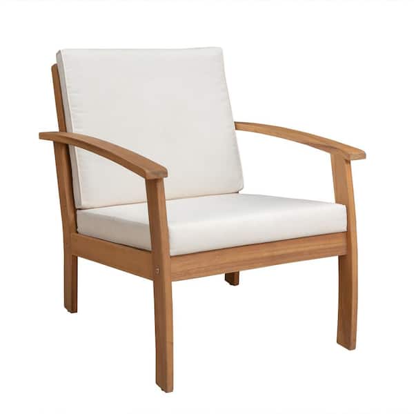 BALKENE HOME Lio Natural Stain Solid Wood Outdoor Lounge Chair with Beige Cushions