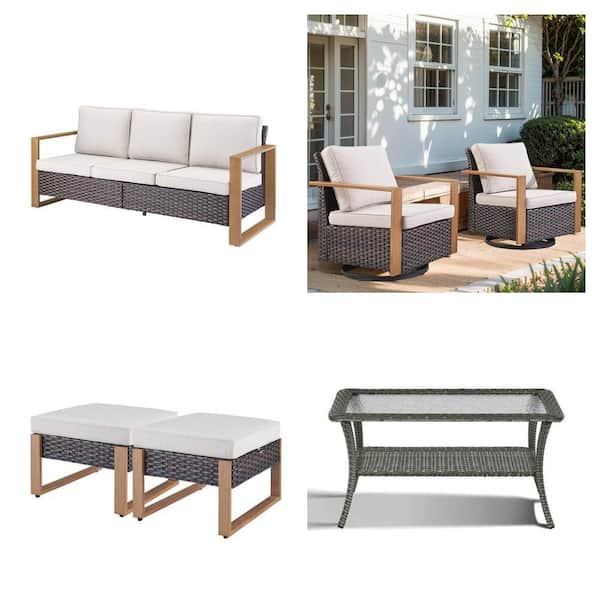 Wicker Patio Set: Brown 3-Seat Sofa, 2-Pack Rocking Chair, 2-Pack Ottoman and Gray Side Table