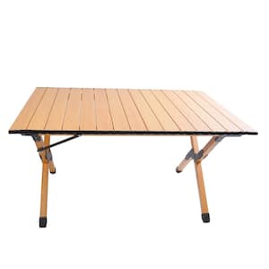Portable picnic table, rollable aluminum alloy table top, with folding solid X-shaped frame, and handbag