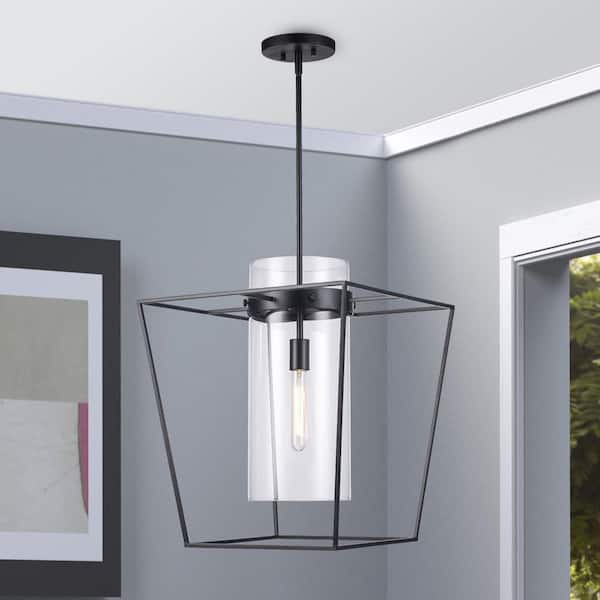 Bel Air Lighting 18 in. 1-Light Black Pendant Light Fixture with Clear Glass Cylinder Shade