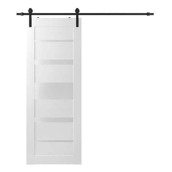 Belldinni Kina 24 in. x 80 in. 5-Lite Frosted Glass Bianco Noble Composite Core Wood Sliding Barn Door with Hardware Kit