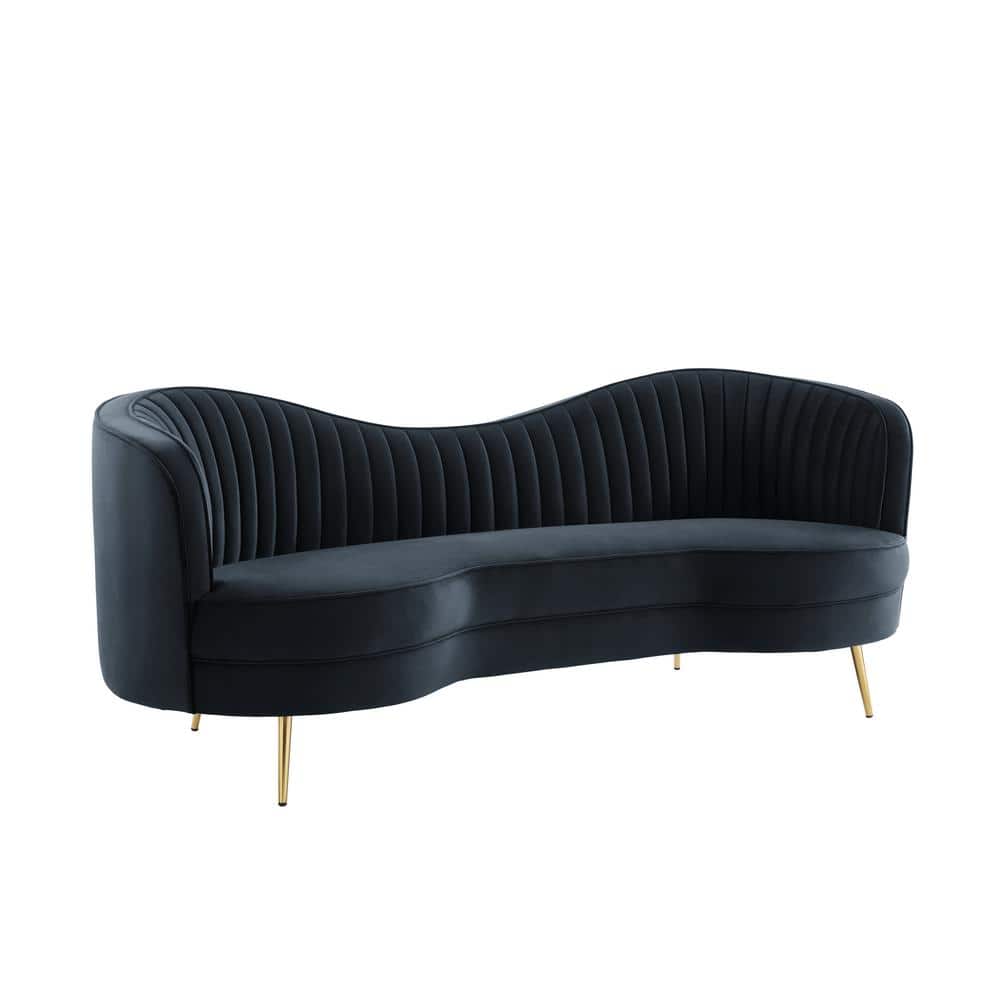 Black Velvet Sloped Arm Camelback 3-Seat Sofa with Wood Frame