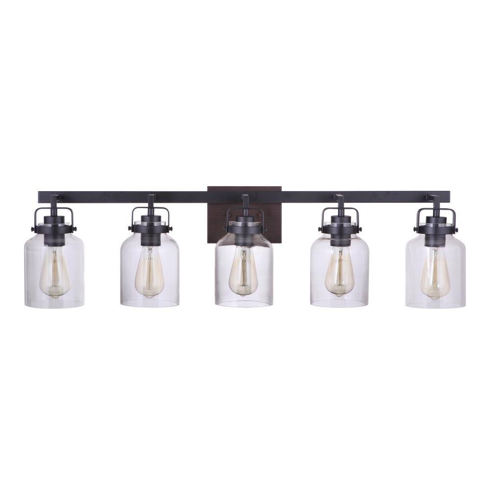 Foxwood 5-Light Flat Black and Dark Teak Vanity Light with Clear Glass Shades